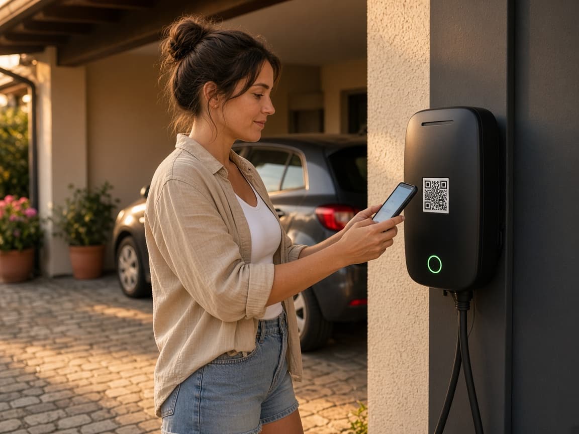 Ein Gast scannt den QR-Code an der Wallbox mit dem Smartphone.