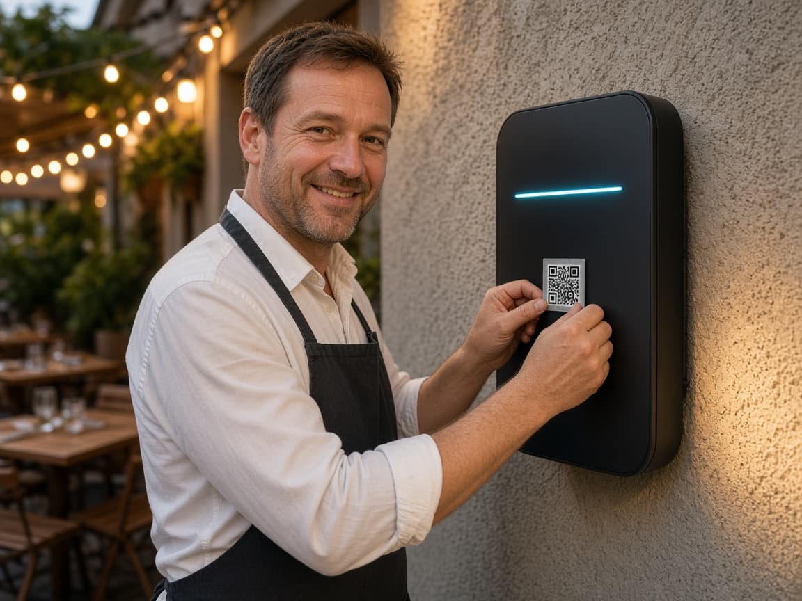 Ein Gastronom bringt einen QR-Code an seiner Wallbox am Restaurant an.