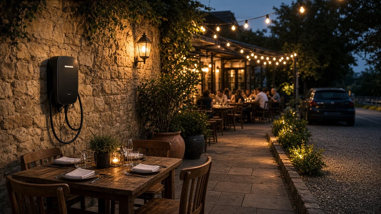 Restaurantterrasse mit Wallbox in der Nähe der Parkplätze.